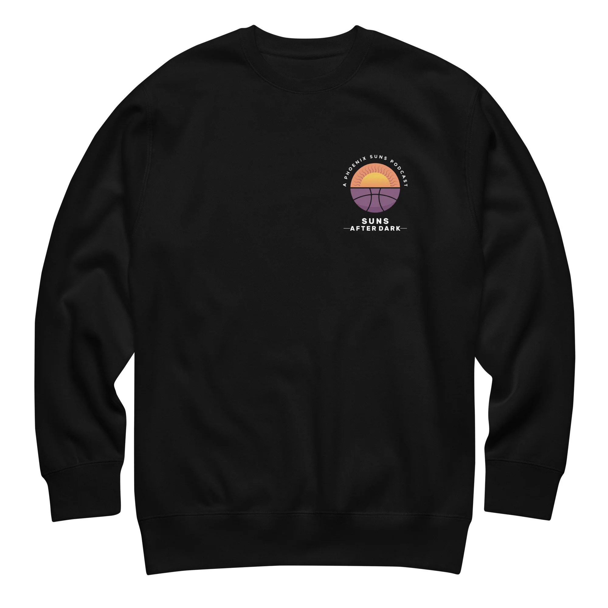Black Cotton Heritage sweatshirt with Suns After Dark logo on front chest and back center.