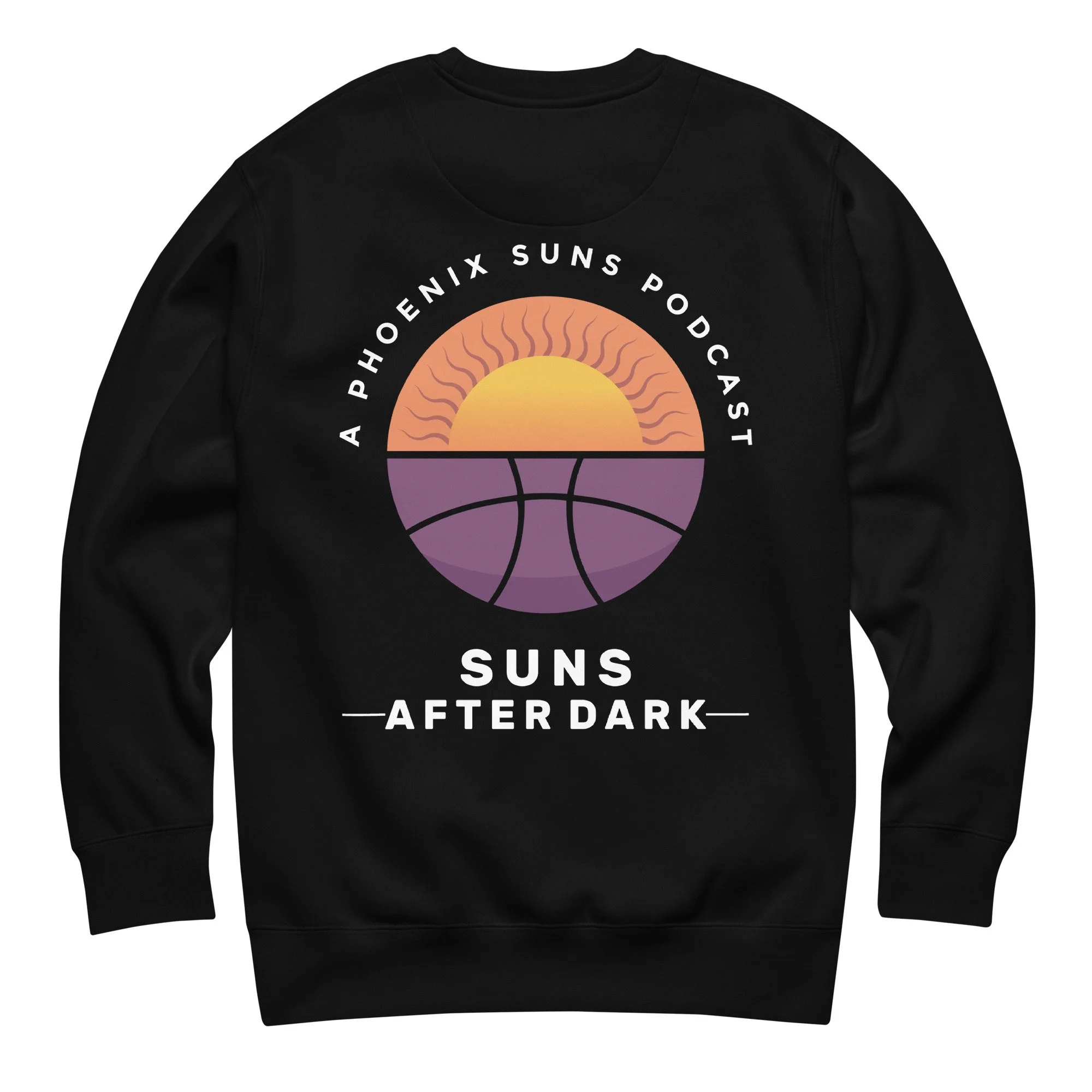 Black Cotton Heritage sweatshirt with Suns After Dark logo on front chest and back center.