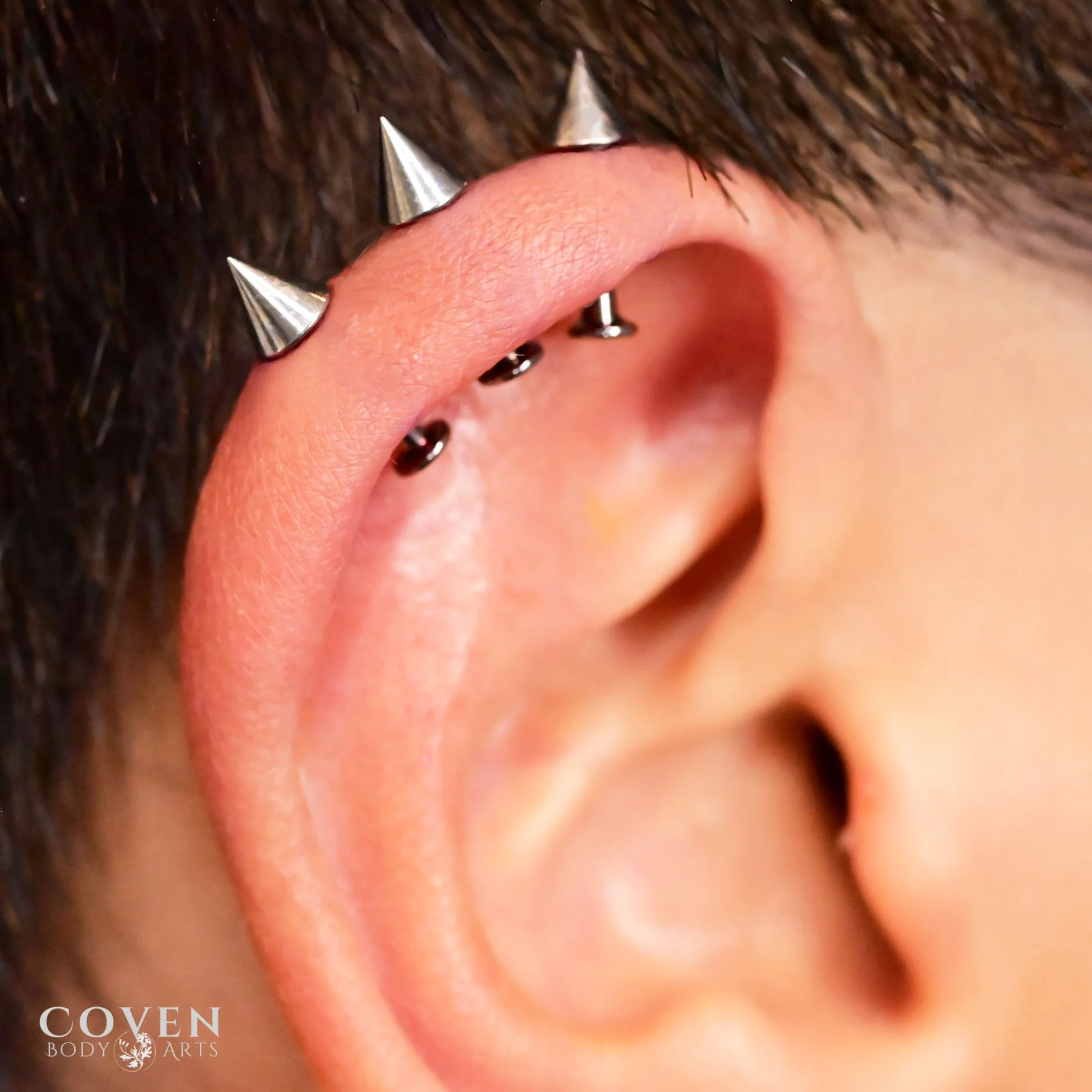 ear piercings, ear piercing, helix piercings, vertical helix piercings, hidden helix piercings, body piercings, titanium jewelry, spikes, spiked jewelry, triple helix, Canasteel Body Jewelry