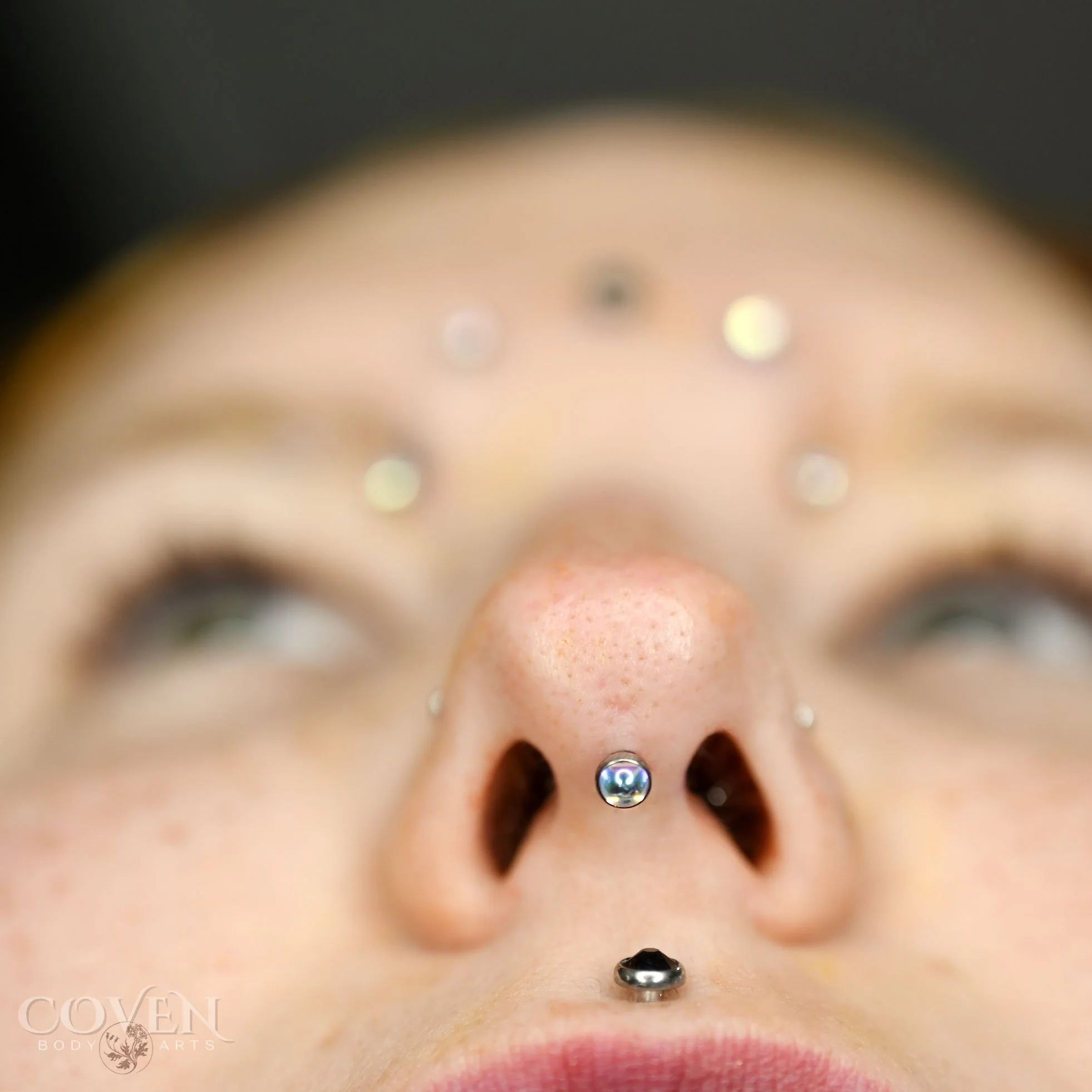 septril piercing on a person with multiple piercings performed at a professional body piercing studio in calgary, alberta called coven body arts.
person with a septril piercing, philtrum or medusa piercing, a third eye piercing and inner eyebrow pier