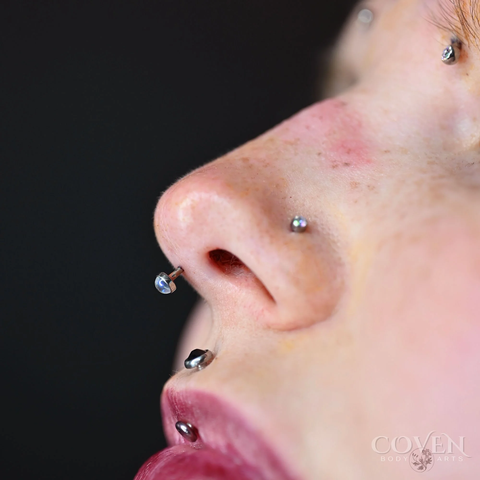 septril piercing on a person with multiple piercings performed at a professional body piercing studio in calgary, alberta called coven body arts.
person with a septril piercing, philtrum or medusa piercing, a third eye piercing and inner eyebrow pier