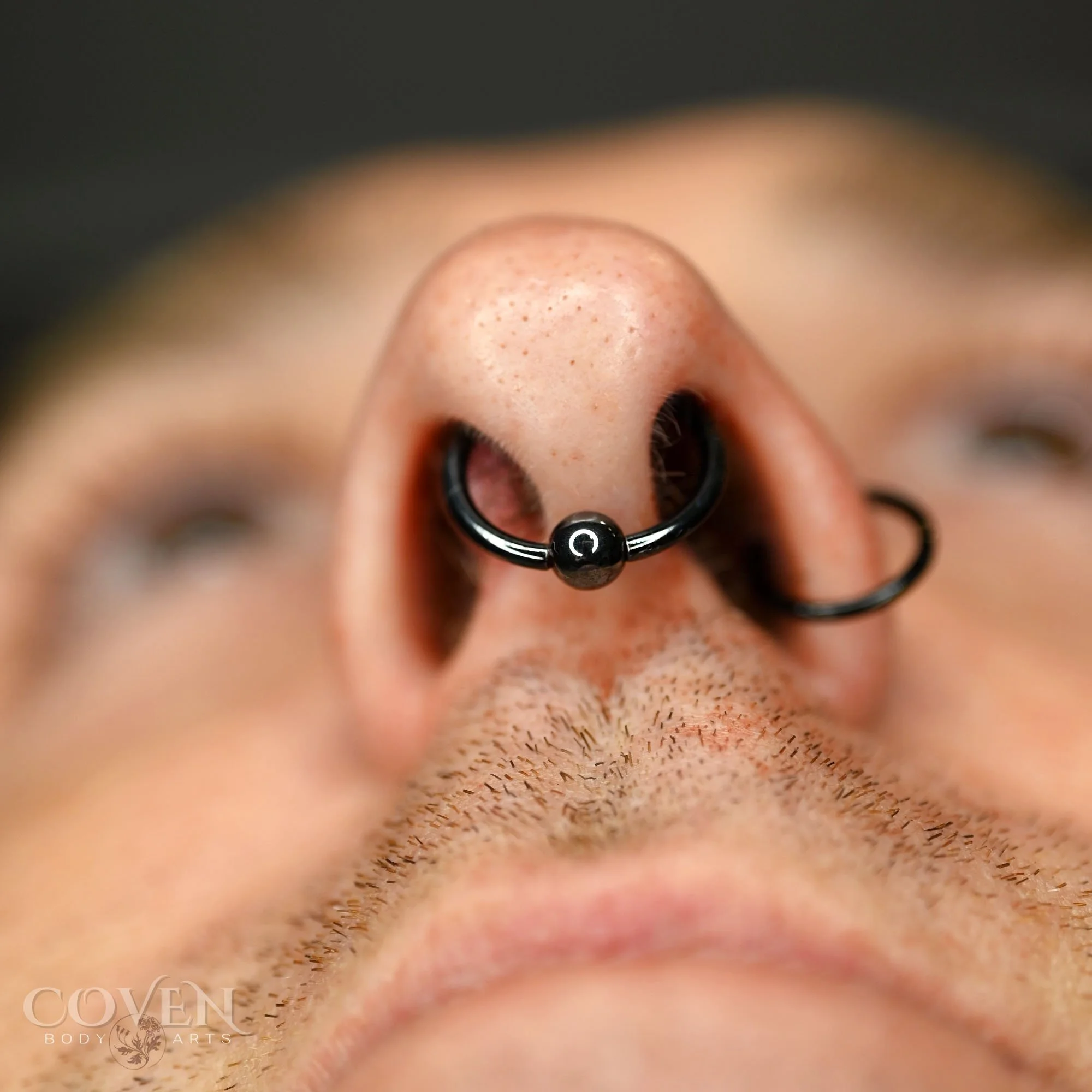 septum piercing on a man with a deviated septum. closeup of a man with a fresh septum piercing performed by Dee at Coven Body Arts, a professional body piercing studio in Calgary, Alberta, Canada. A man with a black niobium ring in his fresh septum p