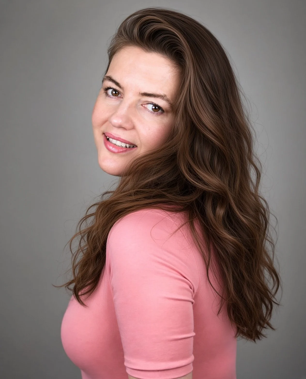 Actress Lorena Fernández smiling over her shoulder in a pink top against a gray studio background.