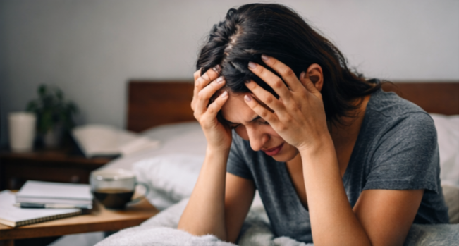 A woman sitting on a bed with her hands on her head, appearing distressed or stressed.