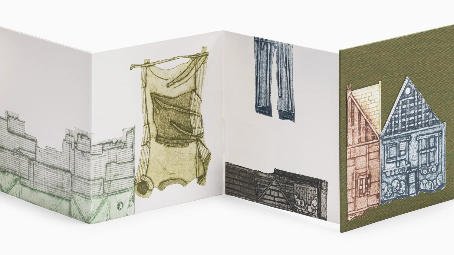 PAGE CLOSE-UP with PARTS OF OBJECTS: Hand printed street scenes from Taiwan, featuring buildings, windows, doors, laundry lines, clothing and other symbolic objects, presenetd in an accordian style art book, by Master Printer Karen Beckwith