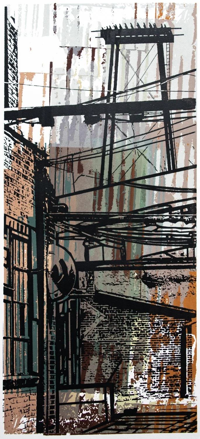 Fine art silkscreen print of urban street scene with water tower, by award winning printmaker Karen Beckwith.