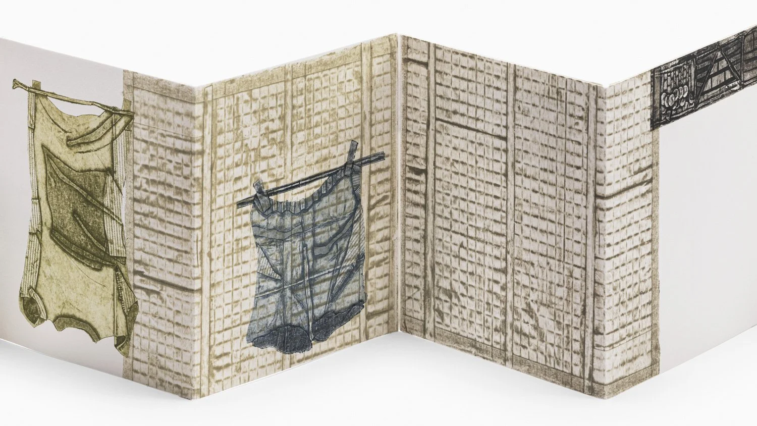 PAGE CLOSE-UP with WALLS and LAUNDRY: Hand printed street scenes from Taiwan, featuring buildings, windows, doors, laundry lines, clothing and other symbolic objects, presenetd in an accordian style art book, by Master Printer Karen Beckwith.