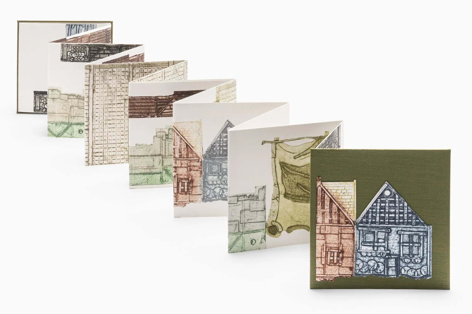 VIEW OF FULL ACCORDIAN STYLE ART BOOK: Hand printed street scenes from Taiwan, featuring buildings, windows, doors, laundry lines, clothing and other symbolic objects, by Master Printer Karen Beckwith.
