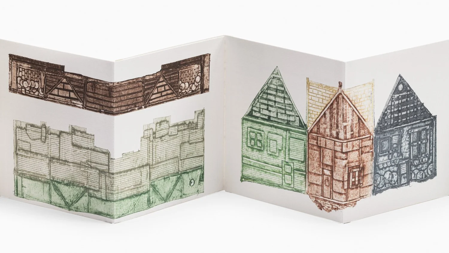 PAGE CLOSE-UP with BUILDINGS: Hand printed street scenes from Taiwan, featuring buildings, windows, doors, laundry lines, clothing and other symbolic objects, presenetd in an accordian style art book, by professional printmaker Karen Beckwith.