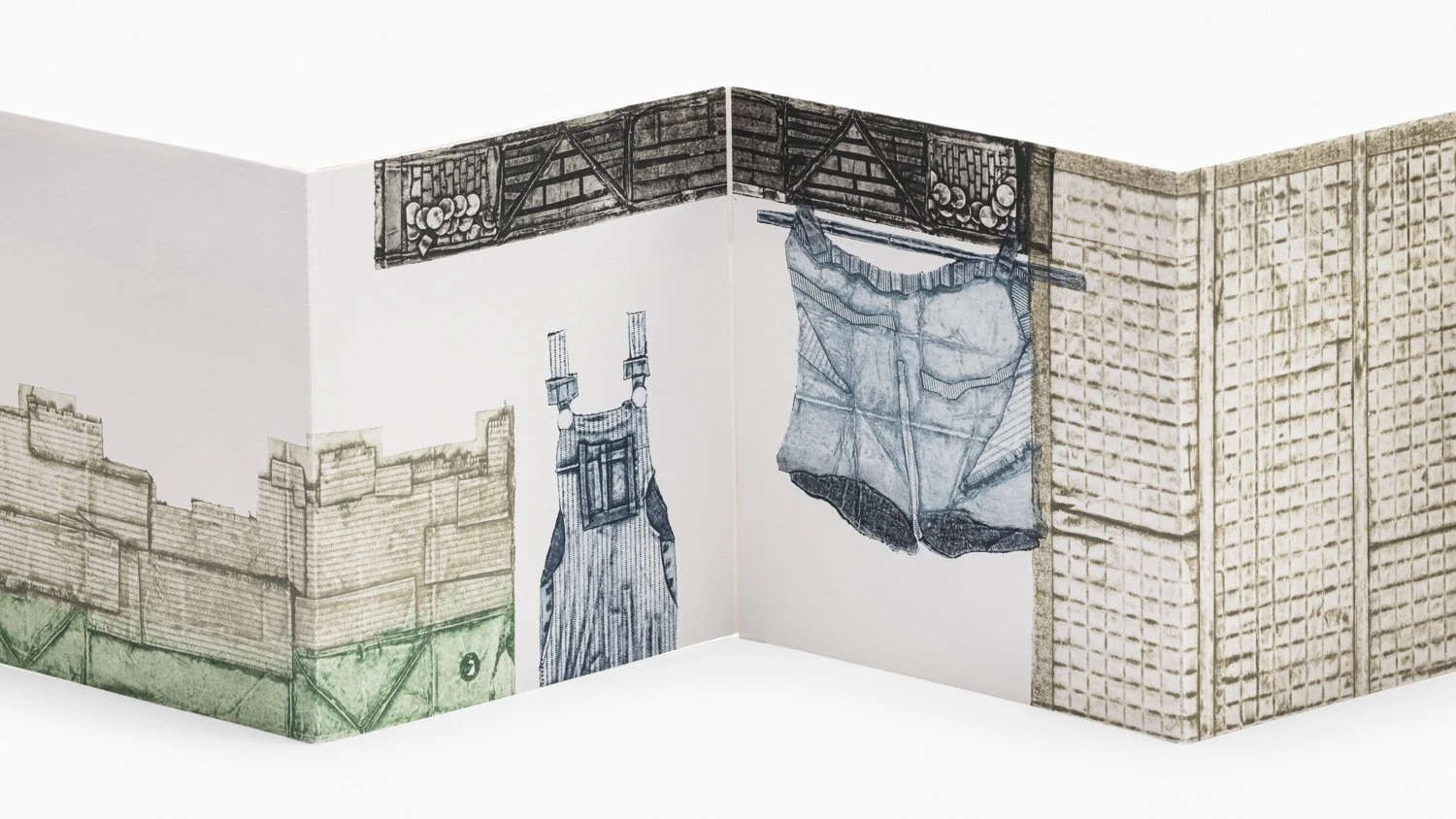 PAGE CLOSE-UP with LAUNDRY: Hand printed street scenes from Taiwan, featuring buildings, windows, doors, laundry lines, clothing and other symbolic objects, presenetd in an accordian style art book, by certified Master Printer Karen Beckwith.