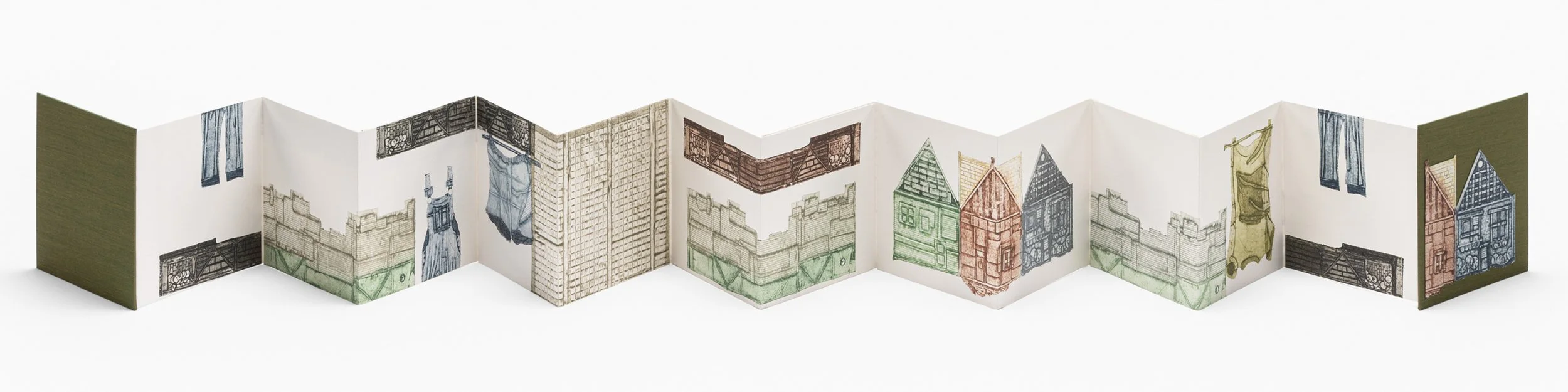 FULL VIEW OF PAGES: Hand printed street scenes from Taiwan, featuring buildings, windows, doors, laundry lines, clothing and other symbolic objects, by Cleveland artist Karen Beckwith.