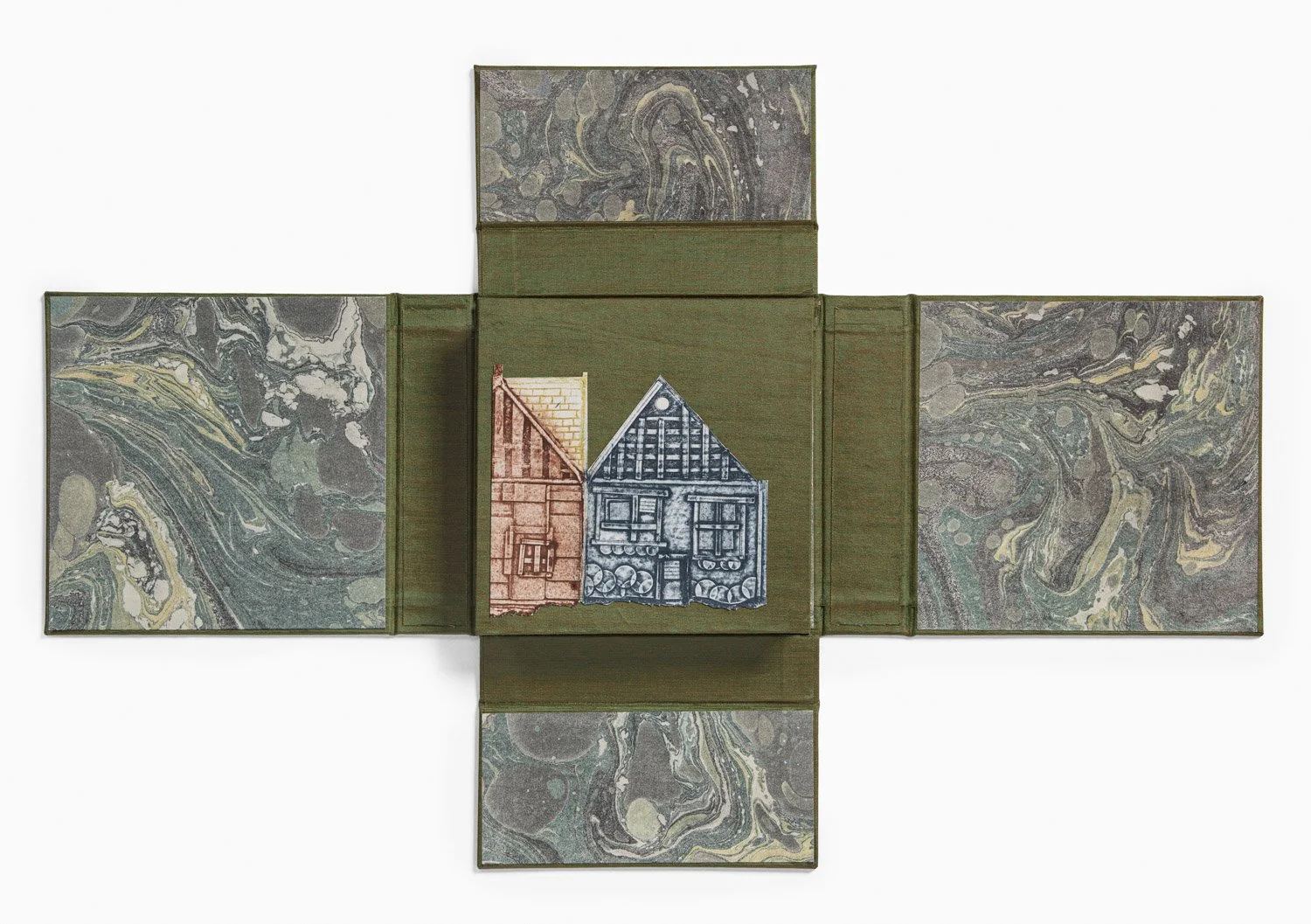 VIEW OF WRAP-AROUND BOOK COVER: Hand printed street scenes from Taiwan, featuring buildings, windows, doors, laundry lines, clothing and other symbolic objects, by fine art printmaker Karen Beckwith.