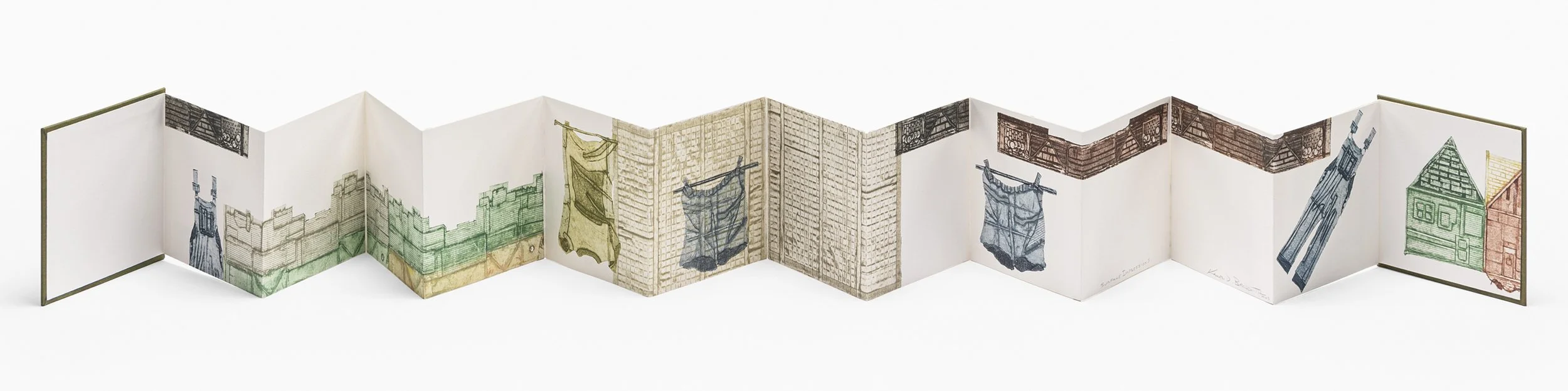 2nd FULL VIEW OF PAGES: Hand printed street scenes from Taiwan, featuring buildings, windows, doors, laundry lines, clothing and other symbolic objects, by Cleveland artist Karen Beckwith.