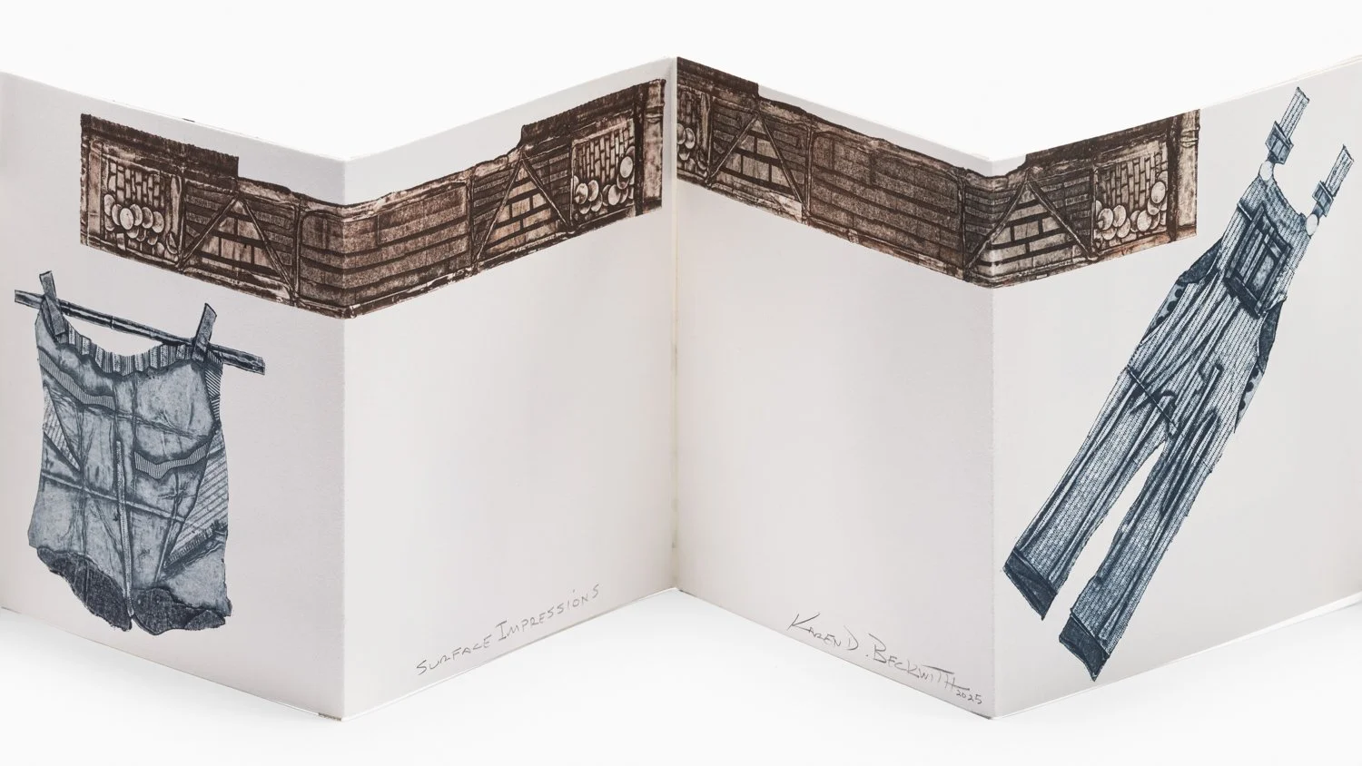 PAGE CLOSE-UP with LAUNDRY: Hand printed street scenes from Taiwan, featuring buildings, windows, doors, laundry lines, clothing and other symbolic objects, presenetd in an accordian style art book, by professional printmaker Karen Beckwith