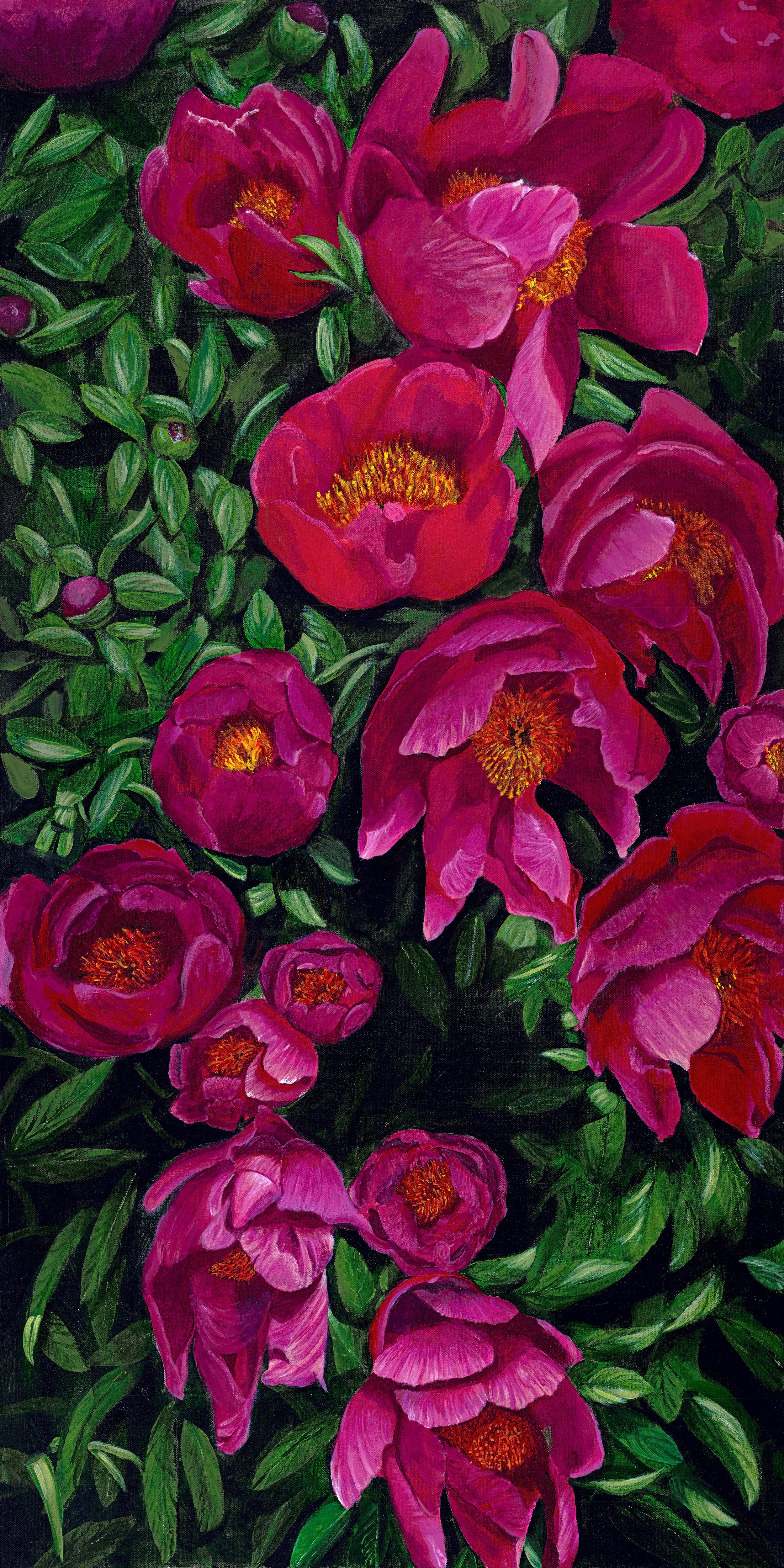 Painting of vibrant pink peonies with green leaves and dark background.
