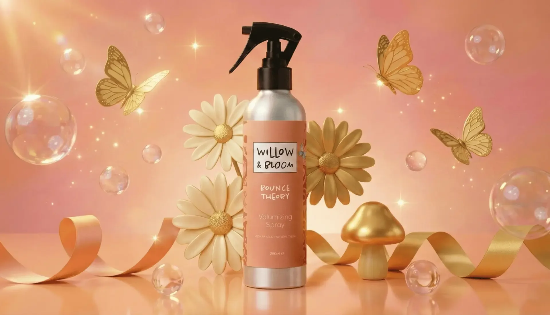 A spray bottle labeled 'Willow & Bloom Bounce Theory Volumizing Spray' stands in front of cream-colored daisies with golden centers, surrounded by floating bubbles, golden butterflies, a golden mushroom, and gold ribbon against a peach-pink background with star-like sparkles.