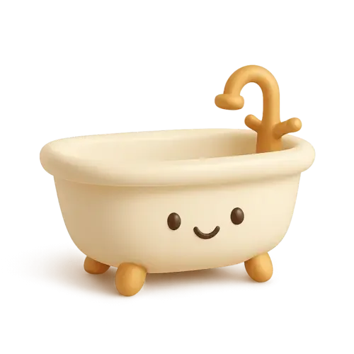 Cute toy bathtub with a smiling face and a gold faucet.