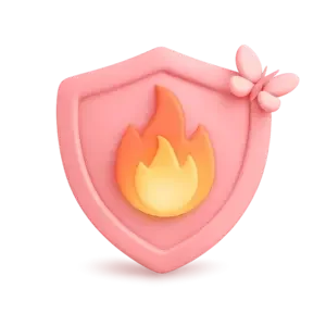 Pink shield with a flame symbol and a small butterfly or flower ornament on top.