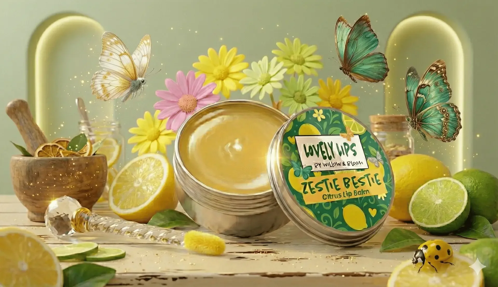 A jar of lemon and lime scented lip balm labeled "Lovely Lips by Willow & Bloom Zestie Bistie Citrus Lip Balm" surrounded by sliced lemons and limes, yellow and pink flowers, butterflies, a glass dropper, and a ladybug on a wooden surface.