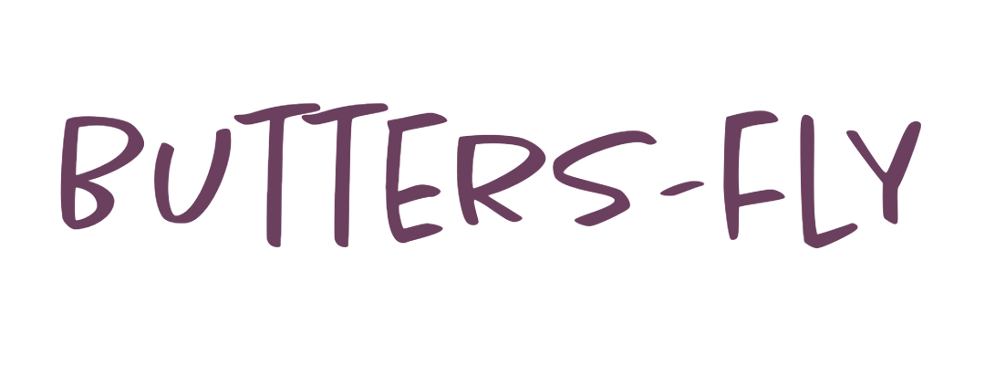 The word 'BUTTERFLY' written in purple, handwritten-style font with a small, black, stylized image of a butterfly below the text.