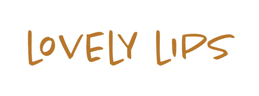 Text graphic that says 'LOVELY LIPS' in brown handwritten font on a black background.
