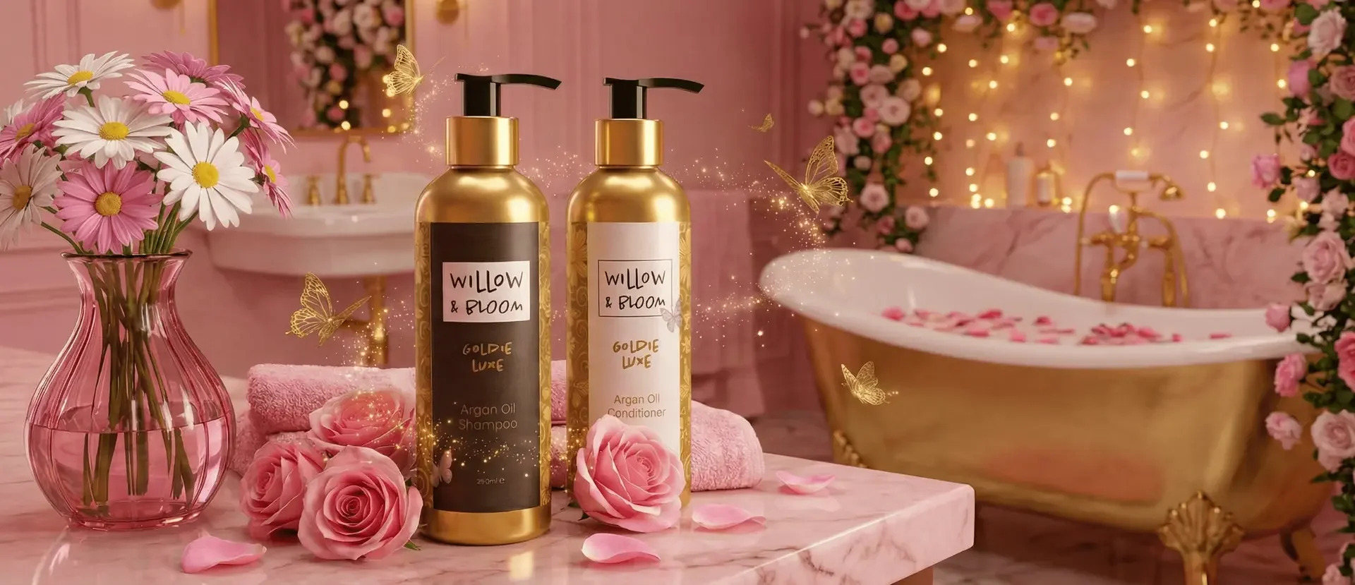 A pink marble bathroom with a vintage gold bathtub filled with rose petals, decorated with pink roses and fairy lights. In the foreground, there are two gold bottles of Willow & Bloom hair and conditioner with pink roses, a pink vase with daisies, and pink rose petals scattered on the table.