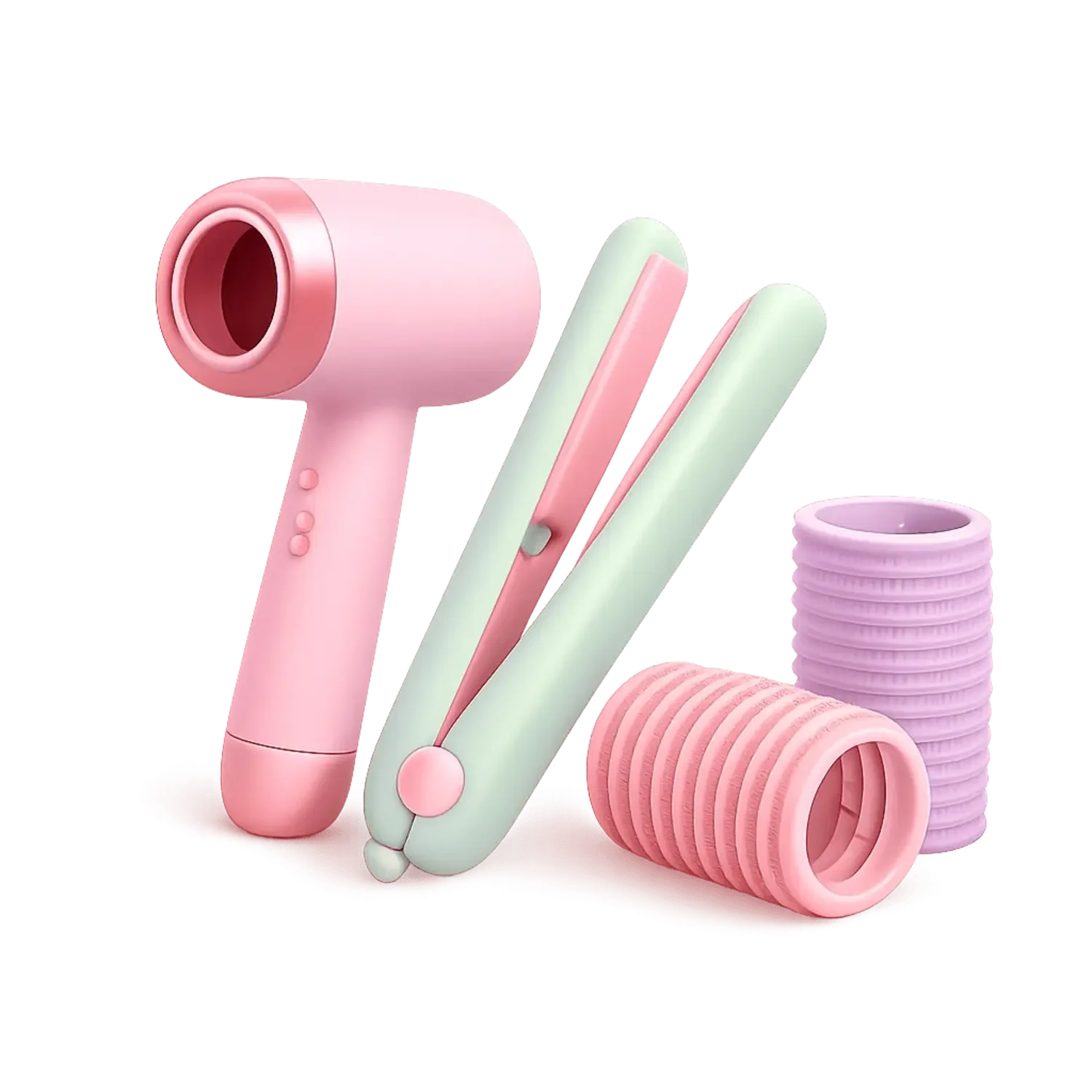 Pink and mint-colored facial rollers and massage tools, including a handheld massage gun and two roller sticks, arranged on a surface.