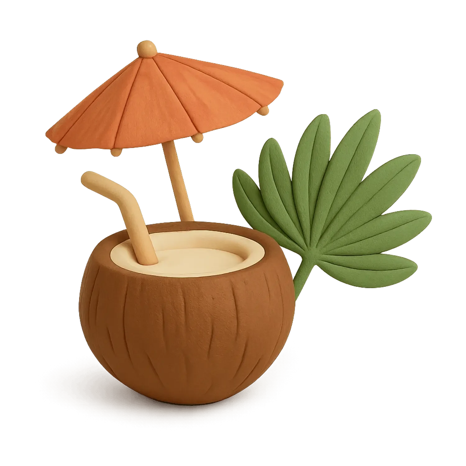 Wooden coconut drink with an umbrella, straw, and a large green leaf.