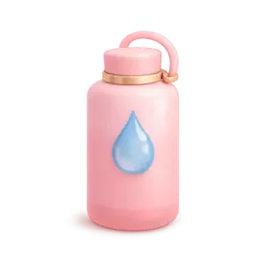 Pink water bottle with a blue water droplet design and a pink handle