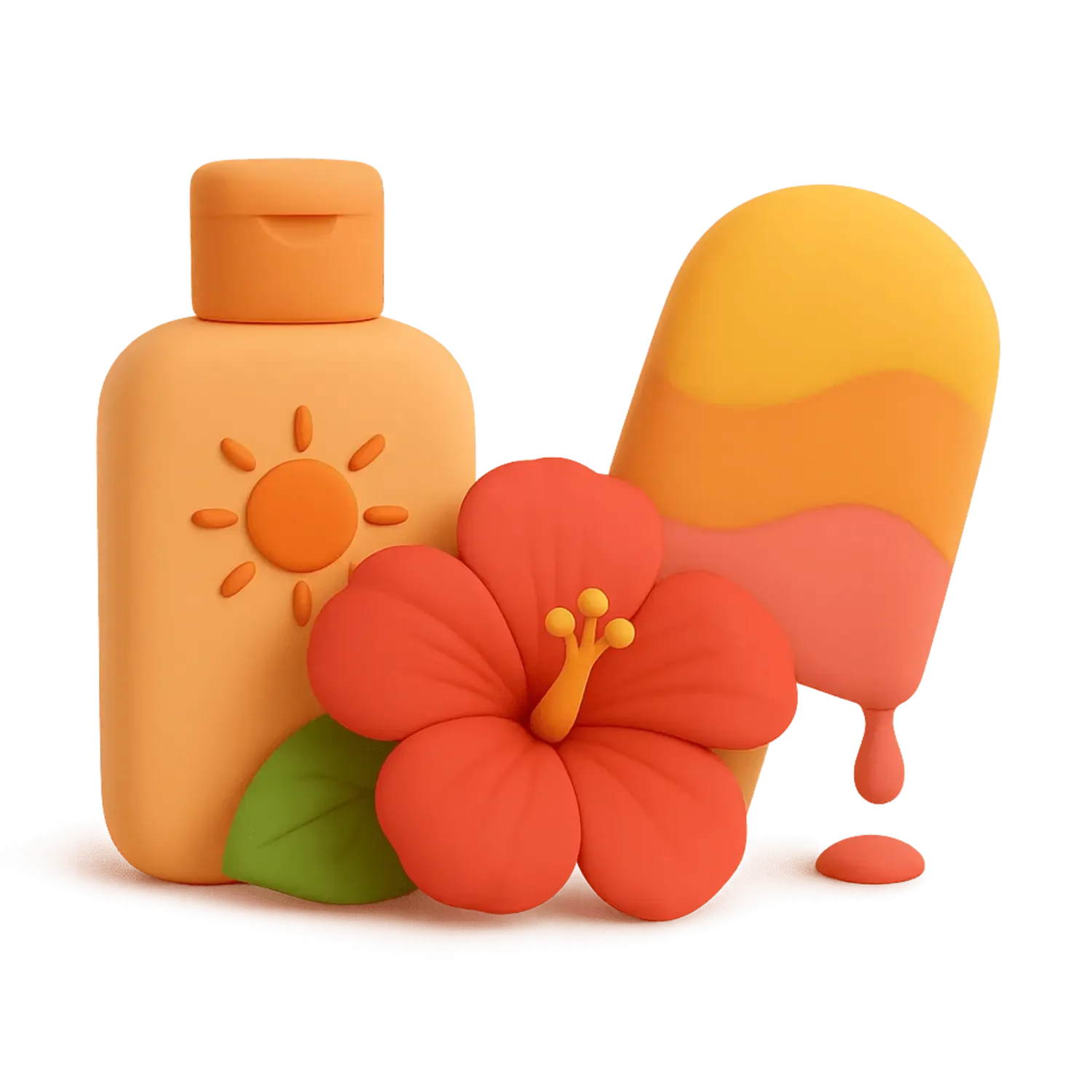 Colorful soap and lotion bottles, pink hibiscus flower, and a yellow and pink abstract object on a flat surface.