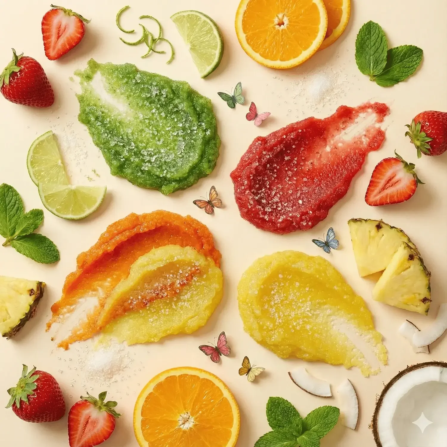 Assorted fresh fruits including strawberries, lime, orange, pineapple, and coconut slices, arranged on a white surface with scattered mint leaves and colorful butterflies.