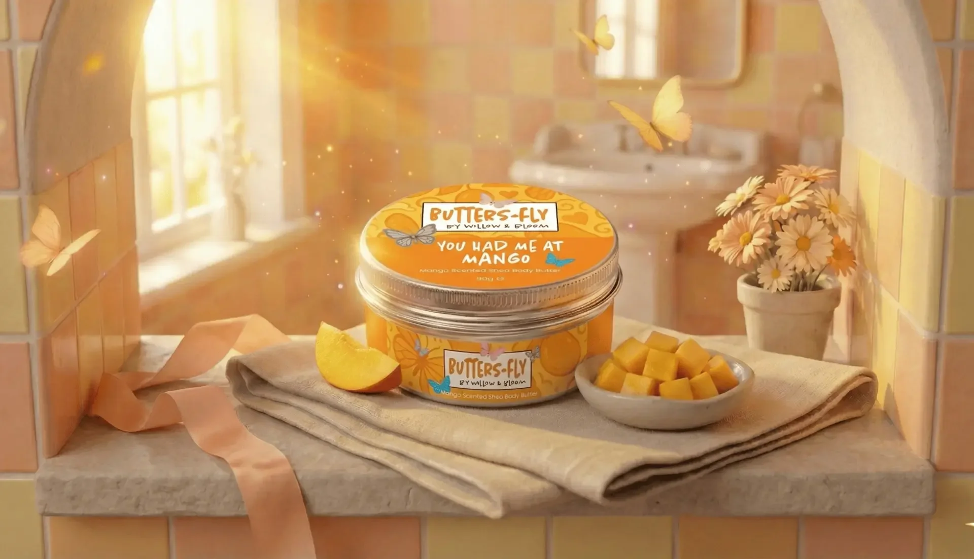 A jar of Mango scented Shea Body Butter labeled 'Butter-Fly' by Willow & Bloom on a windowsill with a slice of mango, a bowl of mango cubes, and a small bouquet of daisies in a white vase; sunlight streams in.