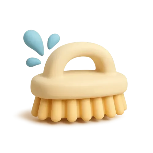 A soap stain remover brush with a blue water splash graphic on a black background.