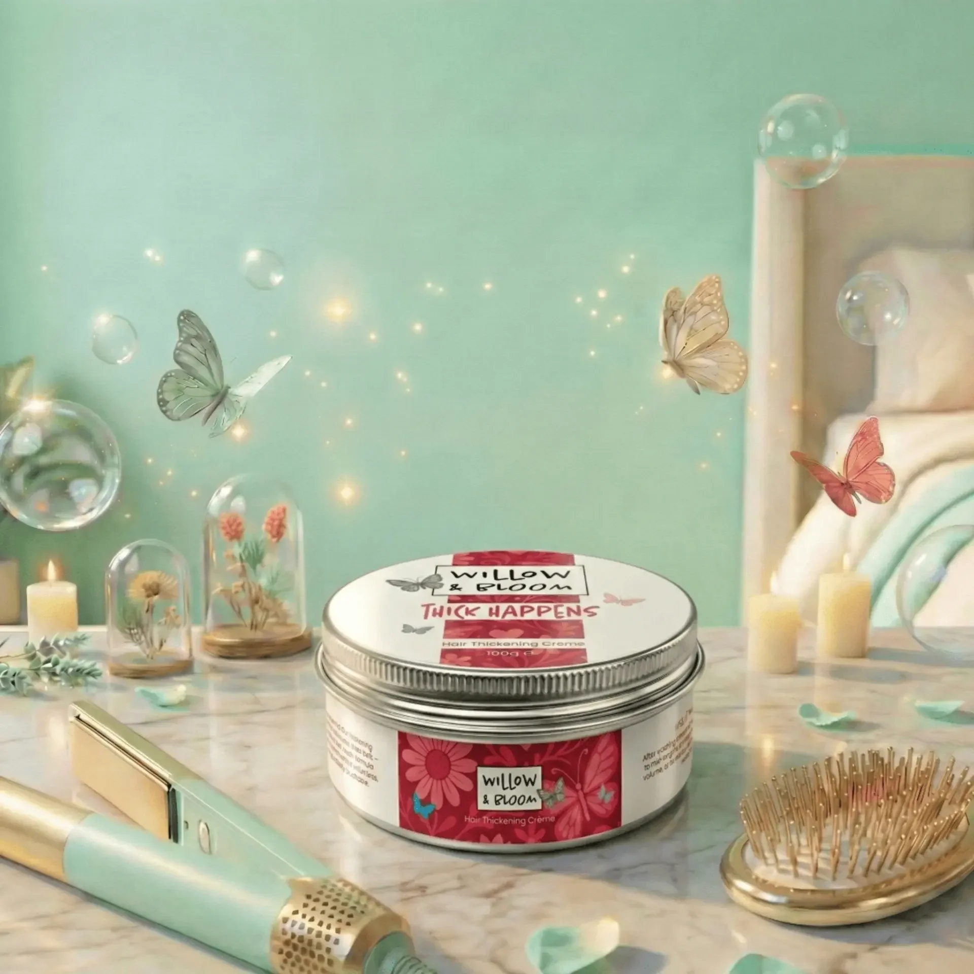 A round container of Willow & Bloom Hair Thickening Creme on a marble surface with butterflies, glass domes with flowers, candles, and hairbrush around it, with a pastel-colored bedroom in the background.