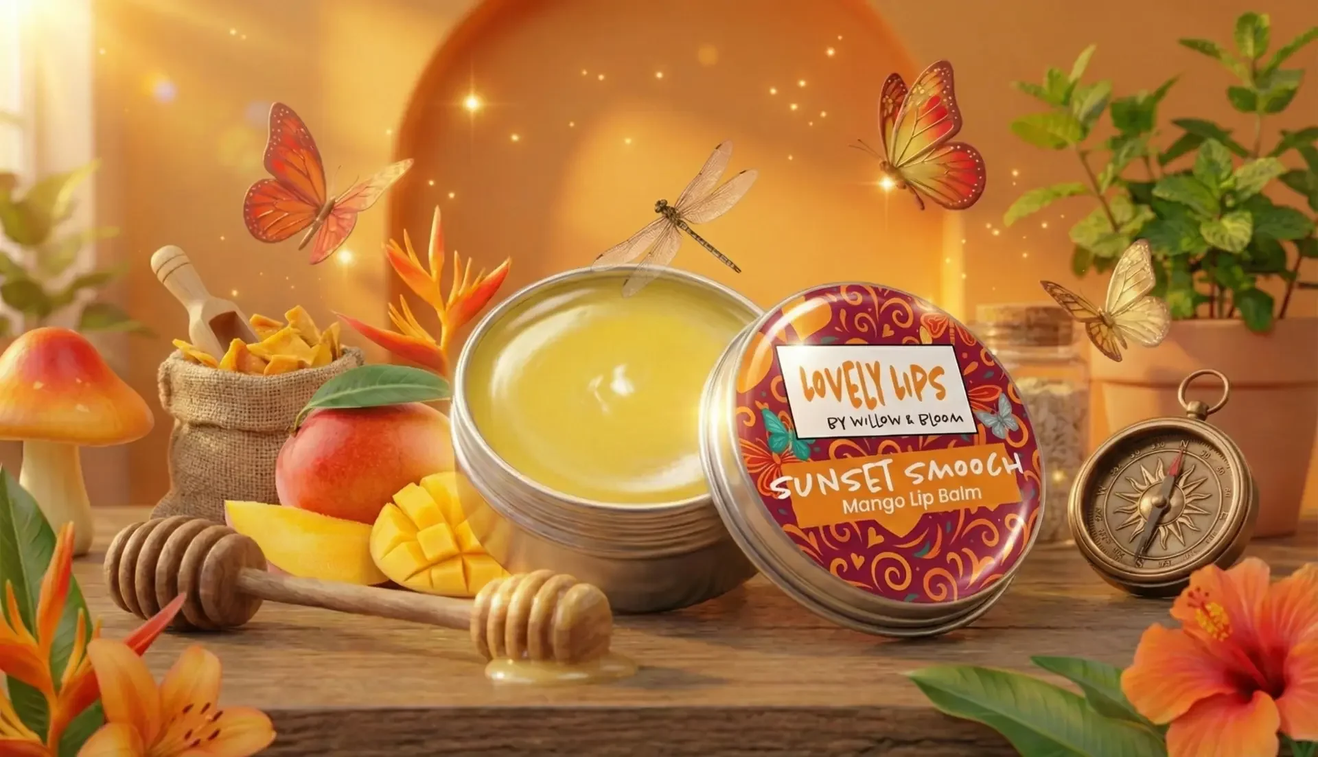 Open jar of Mango Lip Balm labeled 'Lovely Lips by Willow & Bloom Sunset Smooth' on a wooden surface. Surrounding it are mango slices, fresh mango, honey dipper, a small sack of dried fruit, an ornamental mushroom, a vintage compass, and vibrant orange flowers. Floating butterflies and dragonflies add a whimsical touch against a warm, glowing background.