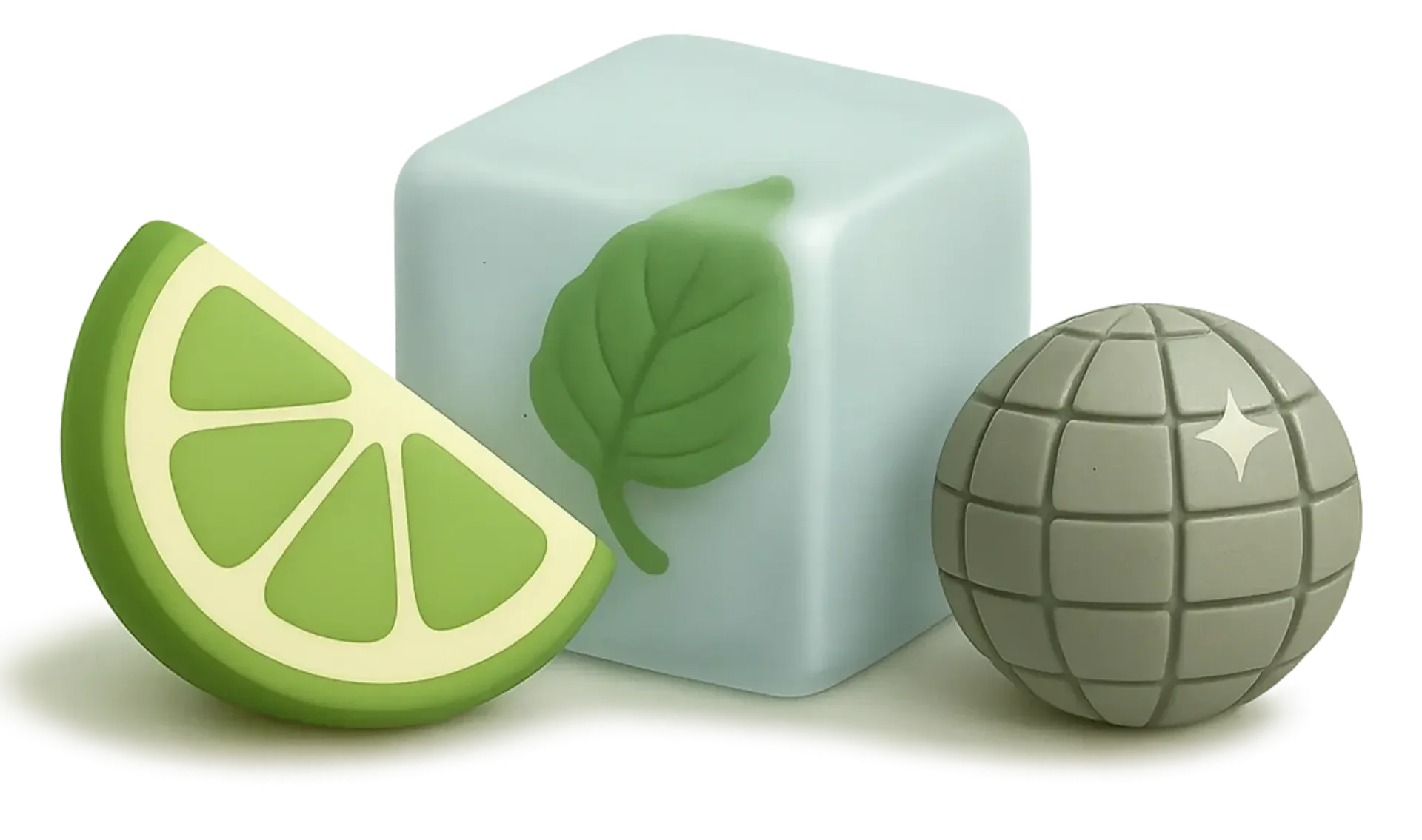 Green lemon slice and soap with a leaf on a white surface, along with a gray globe-shaped object with a white star reflection.