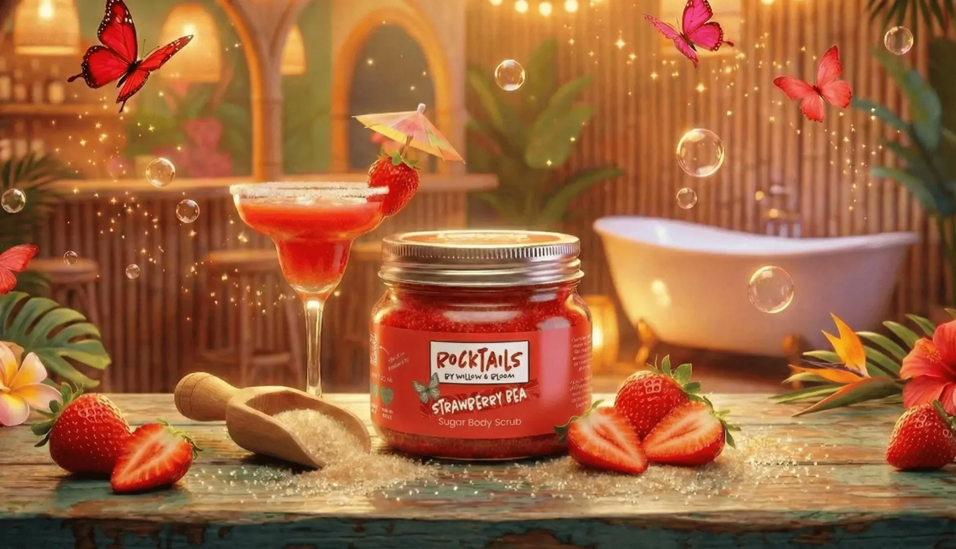 A strawberry sugar scrub jar labeled 'Rocktails' by Willow & Bloom is on a rustic wooden table, surrounded by fresh strawberries, a strawberry-infused cocktail with a small umbrella and strawberry garnish, a wooden scoop of sugar, and tropical flowers. The background features a bamboo wall, a white bathtub, and decorative warm lighting with floating butterflies and bubbles.