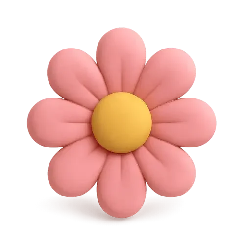 Pink flower-shaped object with a yellow center and nine petal-like structures.