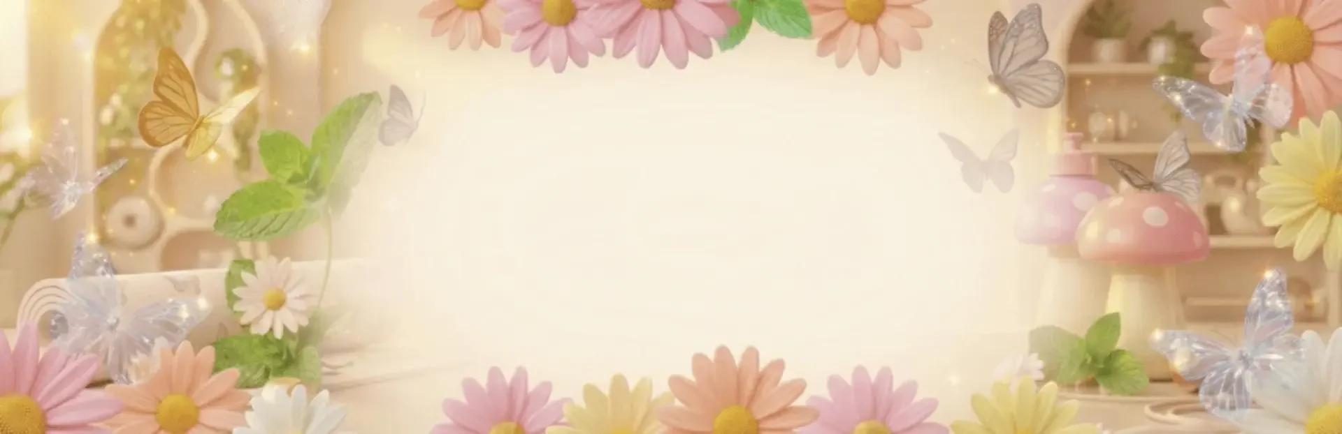 Pink and yellow daisies with butterflies and green leaves, fairy lights, pink mushrooms with white spots, in a soft pastel-colored room.