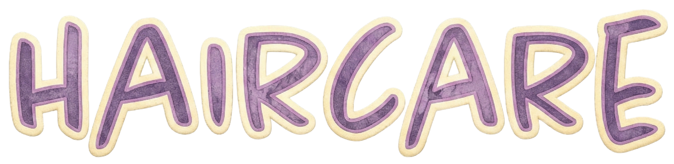 Colorful text spelling 'HAIRCARE' in purple with a beige outline, styled as a sticker or sign.