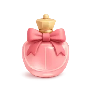 A pink perfume bottle shaped like a round container with a pink bow on top and a small, cream-colored lid.
