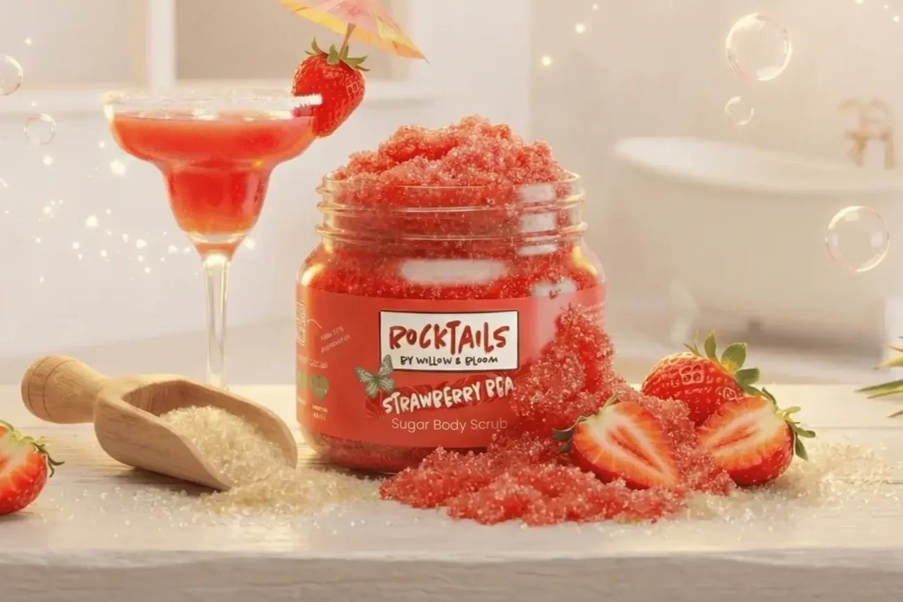 A jar of strawberry sugar body scrub labeled 'Rocktails by Willow & Bloom' with fresh strawberries and a strawberry cocktail nearby, on a white surface with scattered sugar and a small wooden scoop.