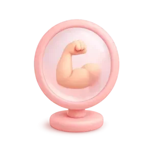 A pink mirror-like device with a flexed arm muscle illustration in the center.