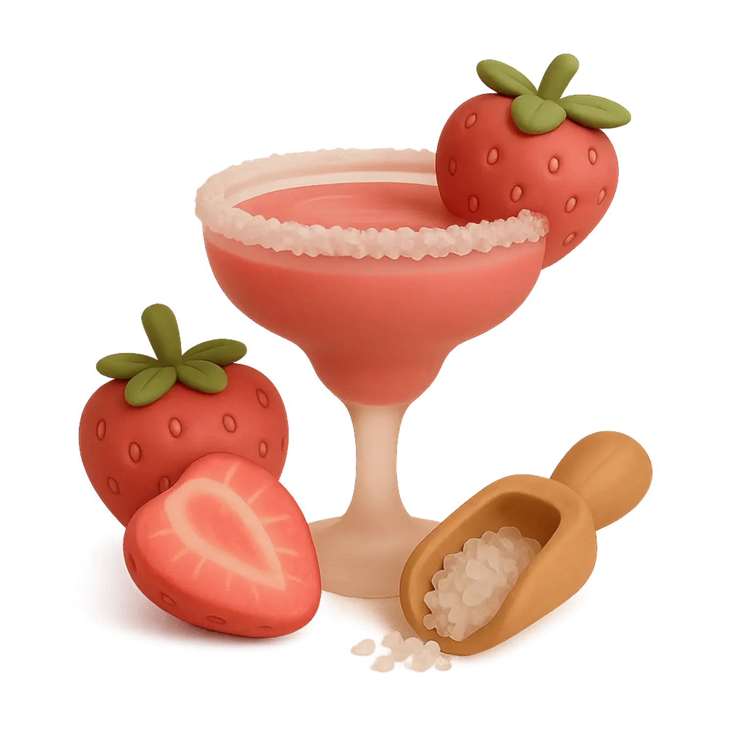 A pink cocktail in a glass with salt on the rim, decorated with three strawberry-shaped candies with green leaf-like toppings, a halved strawberry-shaped candy, and a small scoop of salt in a wooden scoop.