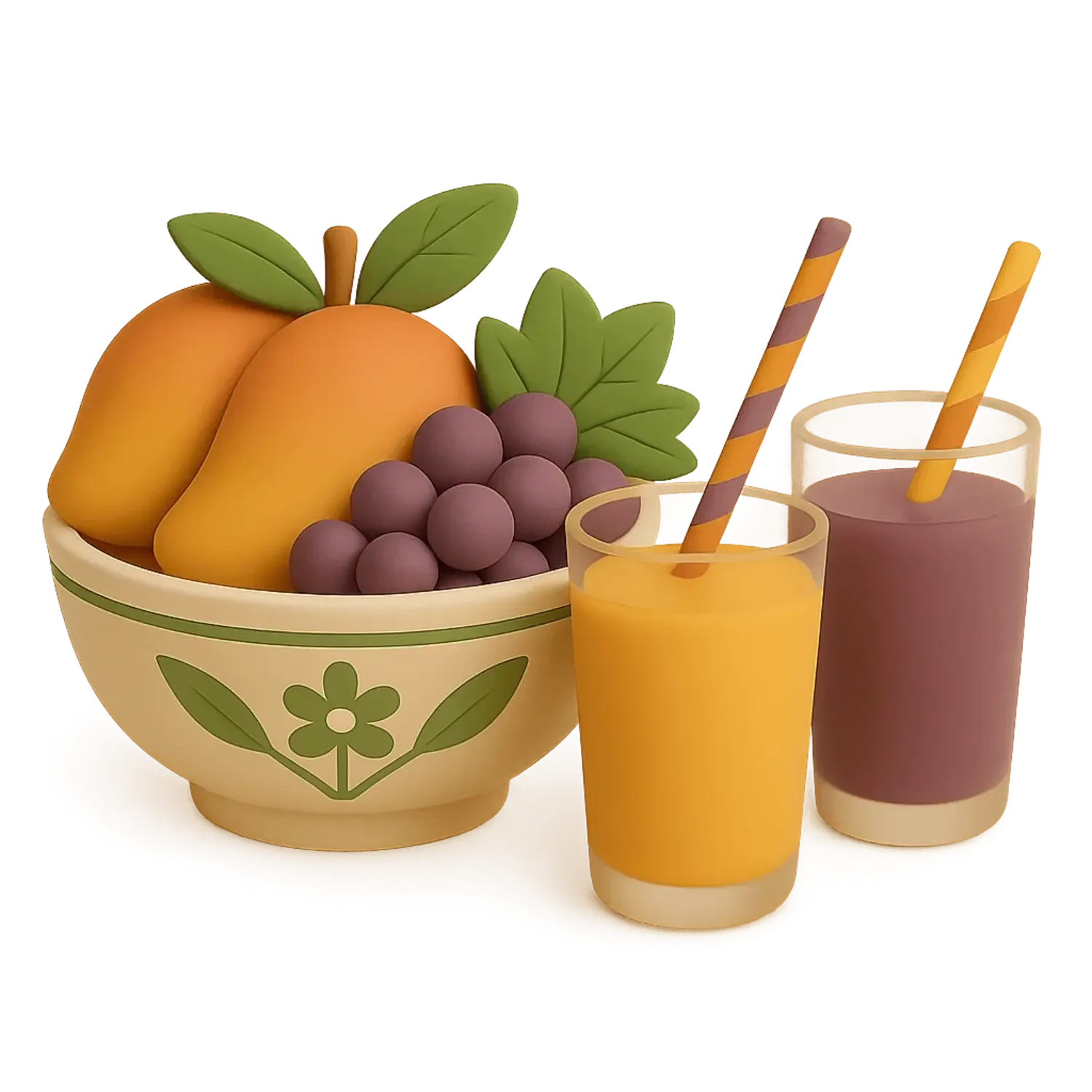 Decorative paper fruit bowl with mangoes and grapes, and two glasses of juice with striped straws.