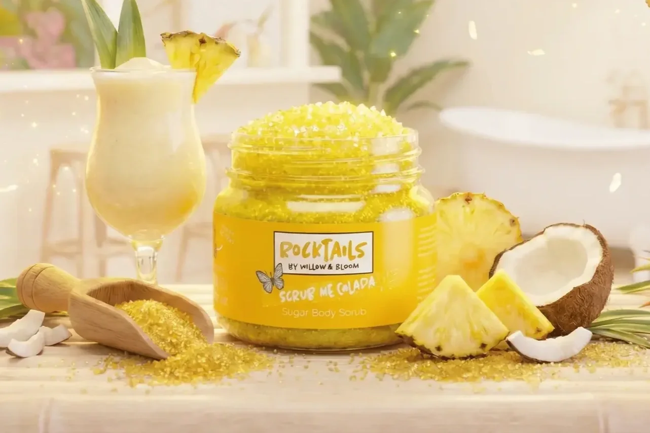 A jar of yellow sugar body scrub labeled "Scrub Me Colda" by Willow & Bloom, with pineapple chunks, coconut, and a tropical drink in the background.