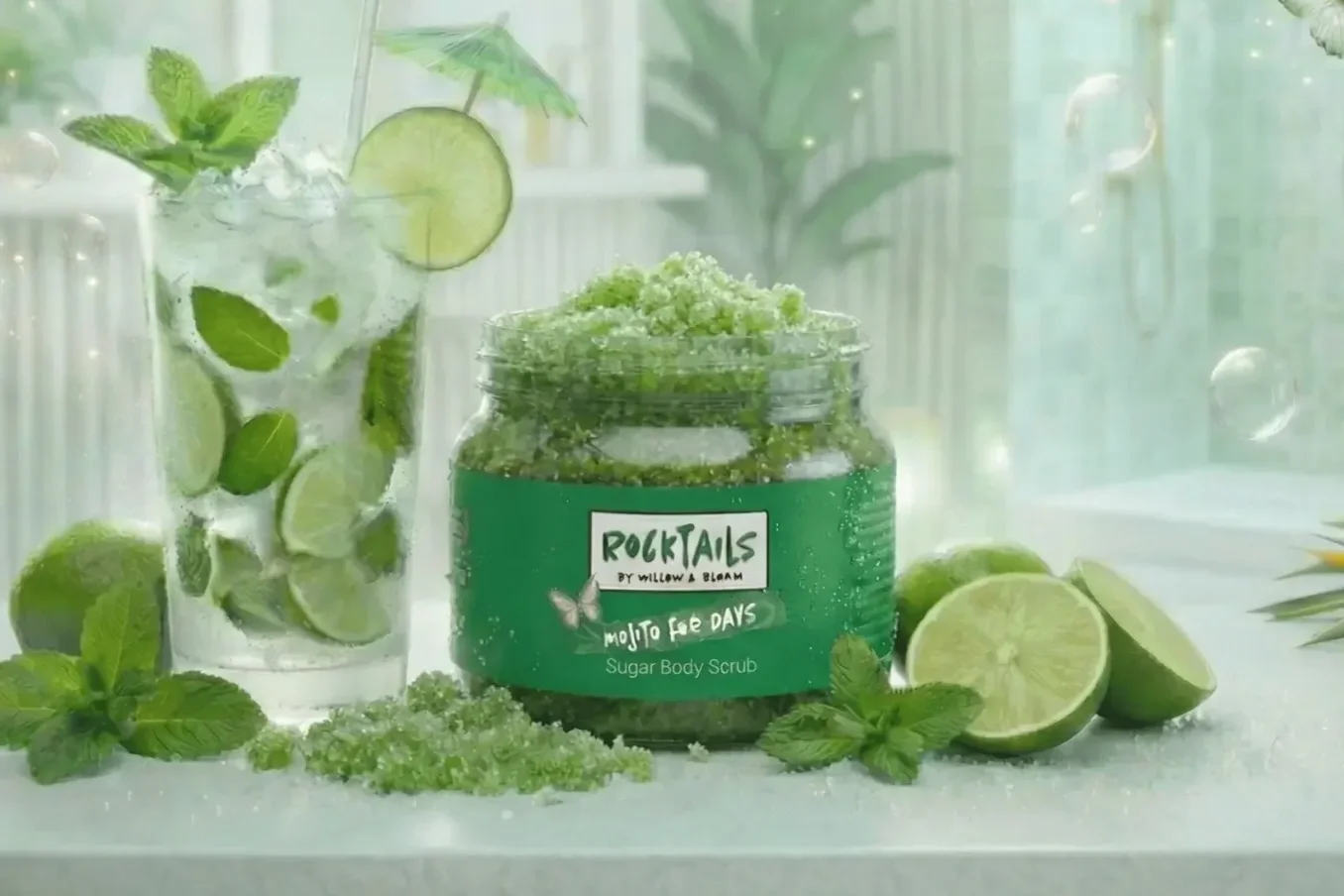 A jar labeled 'Rocktails' with lemon and mint facial steam, lemon slices in a glass with mint leaves, and fresh lemon halves on a white surface.