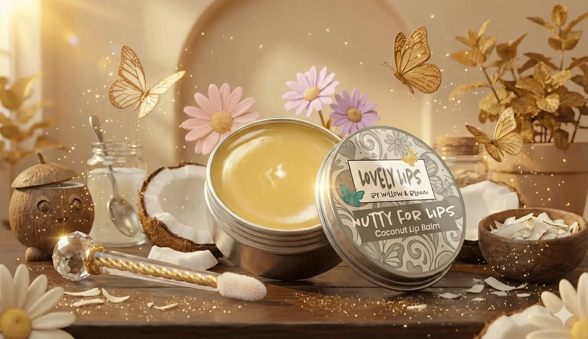 Open tin of coconut lip balm labeled 'Lovely Lips Nutty for Lips' surrounded by flowers, a coconut, a wooden bowl with coconut pieces, and butterflies.