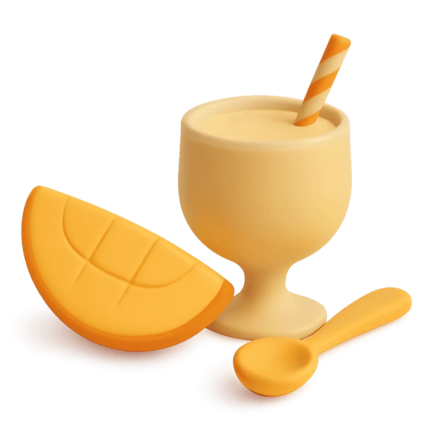 A mango-flavored slush drink with a striped straw in a glass, a sliced mango, and a yellow spoon.