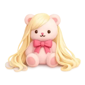 Cute plush toy of a pink and white bear with long blonde hair, pink bow, and pink paws.